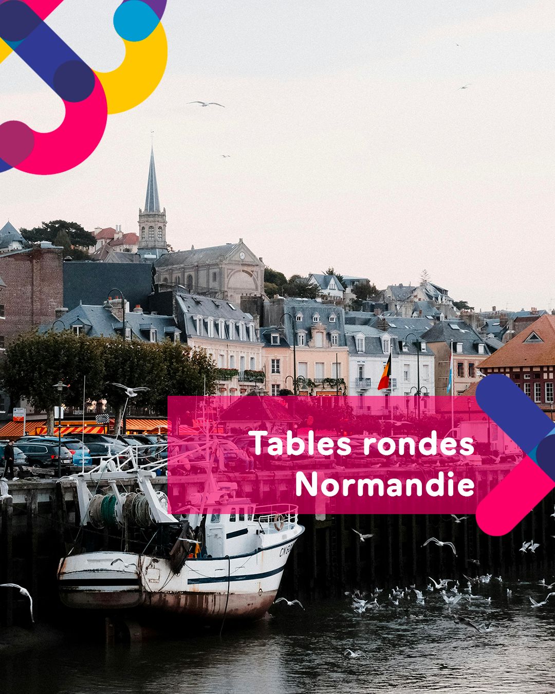 Affiche avec un paysage normand et la mention &quot;tables rondes Normandie&quot;