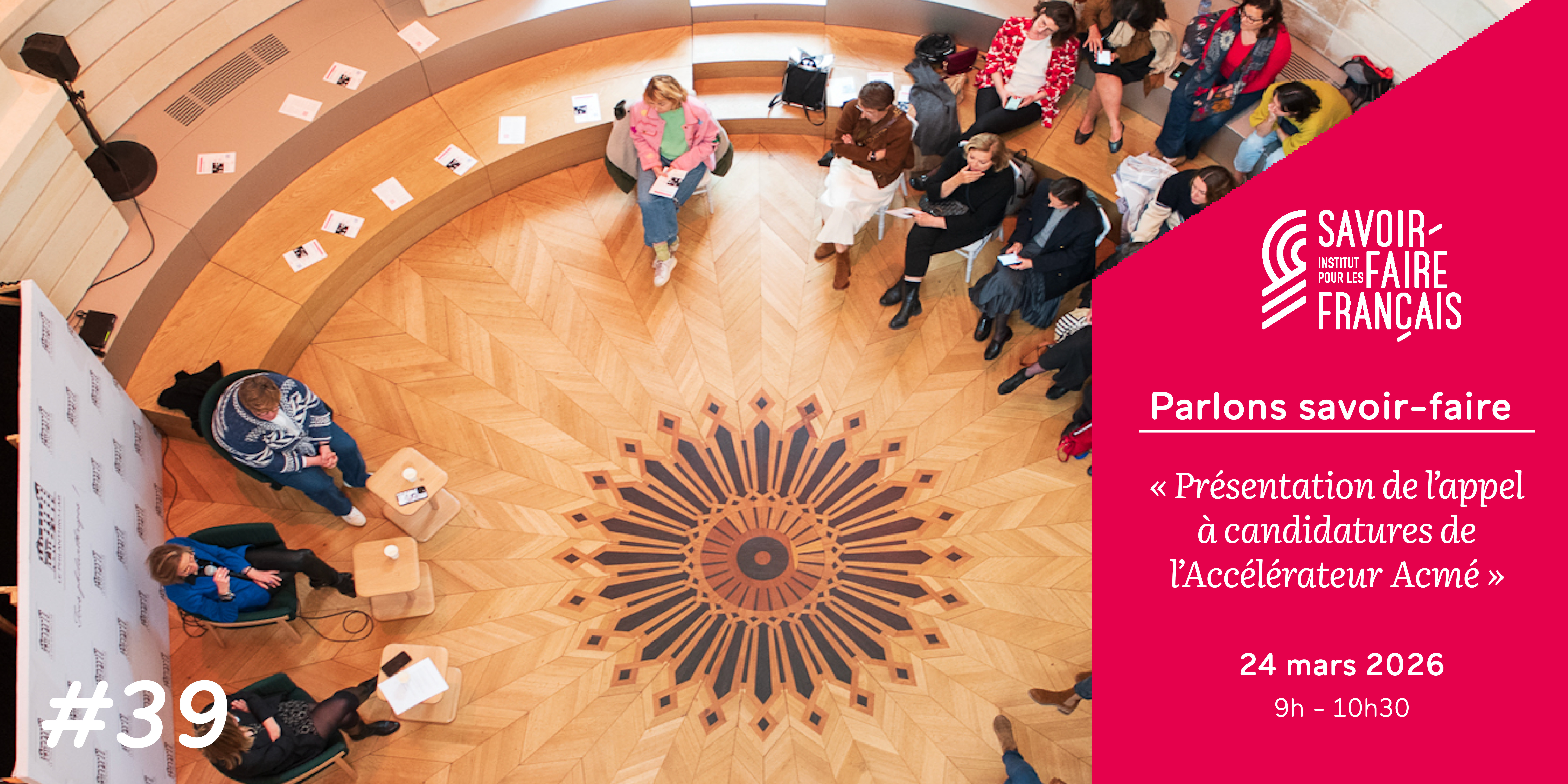 Affiche du webinaire avec une photographie d'une assemblée lors d'une conférence de l'Institut au Philanthro-Lab