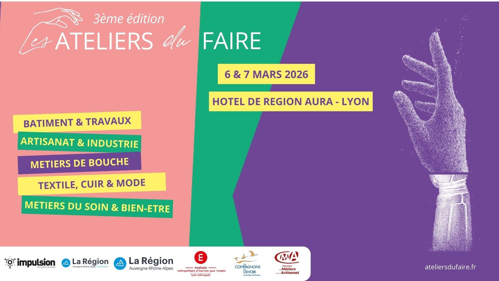 Affiche de l'évènement avec une main dessinée de chair et d'os sur un poignet robotique en pointillés