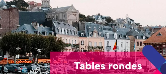 Affiche avec un paysage normand et la mention "tables rondes Normandie"