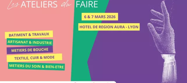 Affiche de l'évènement avec une main dessinée de chair et d'os sur un poignet robotique en pointillés