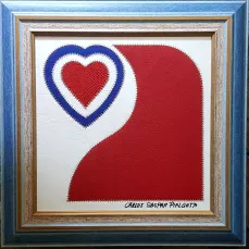 Logo Maître Artisan d'Art - redessiné et créé en Marqueterie Couture à partir de matières innovantes et respectueuses de l'environnement : j'ai remplacé le point du petit 'a' par un cœur bleu blanc rouge. Offert aux présidents de la Chambre de métiers et de l'artisanat, Gilles DUTTO et Yannick MAZETTE, lors de la cérémonie de la remise de mon diplôme de Maître Artisan en Métiers d'Art.