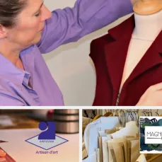 Sur la partie supérieure de la photo on voit Frédérique Bellière en train d'ajuster un vetêment sur un mannequin. Sur la photo inférieure de gauche on voit le label Artisan d'Art. Pour finir, sur la photo inférieure droite apparaît le logo de Magnifilience, marque créee par Frédérique Bellière.