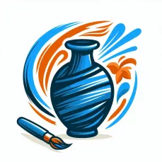 Vase et pinceau qui illustrent l'activité de peinture sur céramique. Des lignes bleu et orange tournoient autour d'un vase bleu, un pinceau est posé à côté du vase.