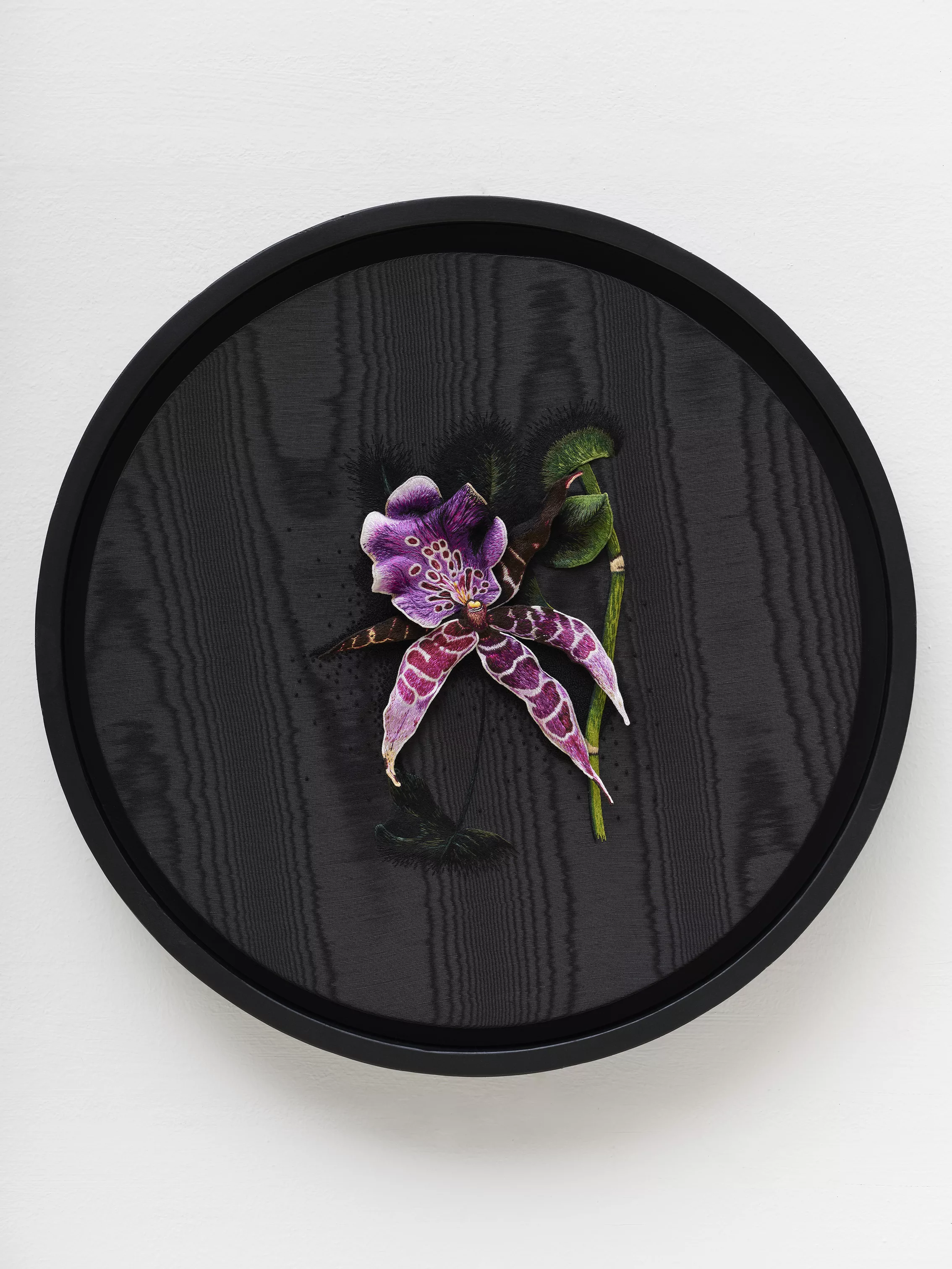 Orchidée en relief brodée main en peinture à l'aiguille, et points de noeuds.