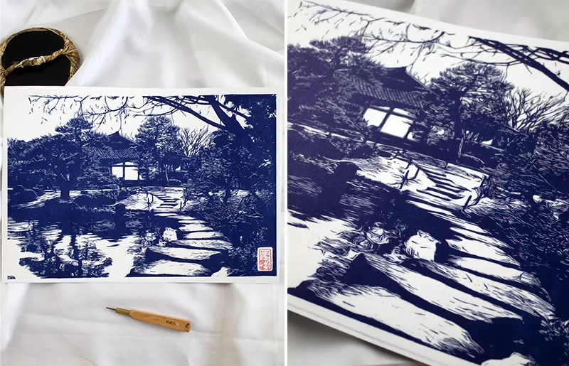 Linogravure Jardin Koko en Himeji
