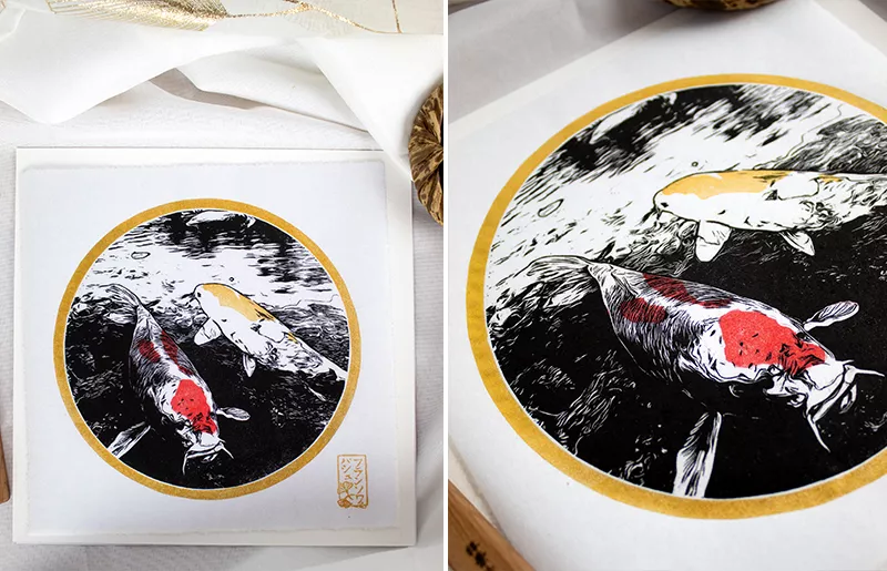 Linogravure Carpe koï en bassin