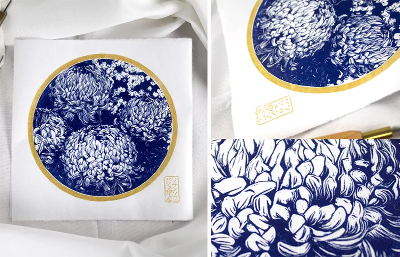 Linogravure Chrysanthème japonais