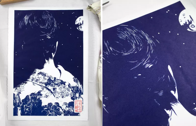 Linogravure Tsukimi Hidari