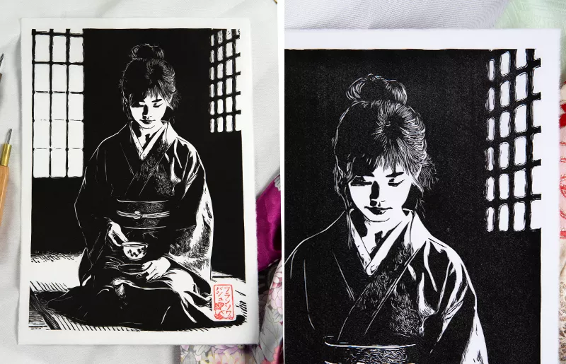 Linogravure Eloge du thé