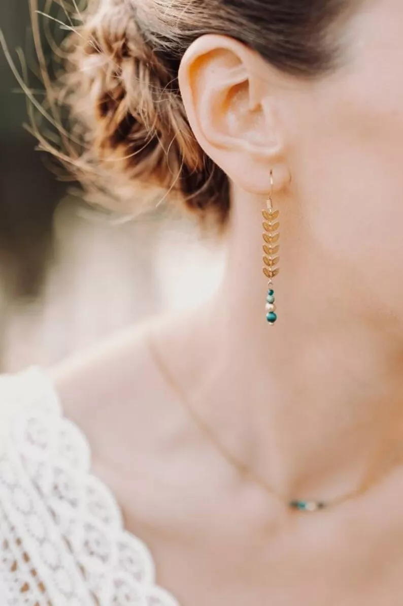 Boucles d’oreilles mariage épi laurier et pierres naturelles malachite 