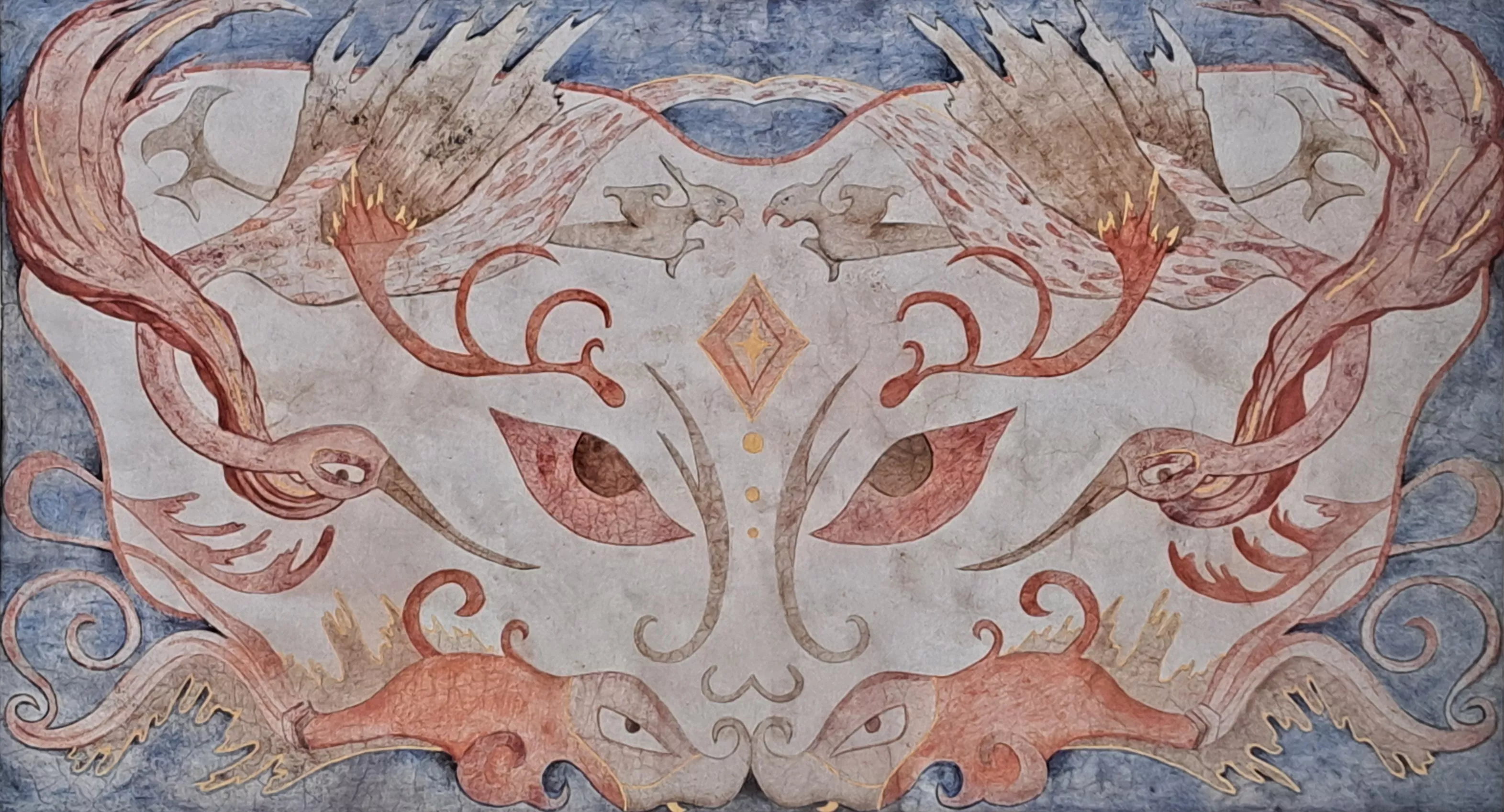 Peinture à l'huile sur chaux - inspirée de motifs chinois du XVème siècle