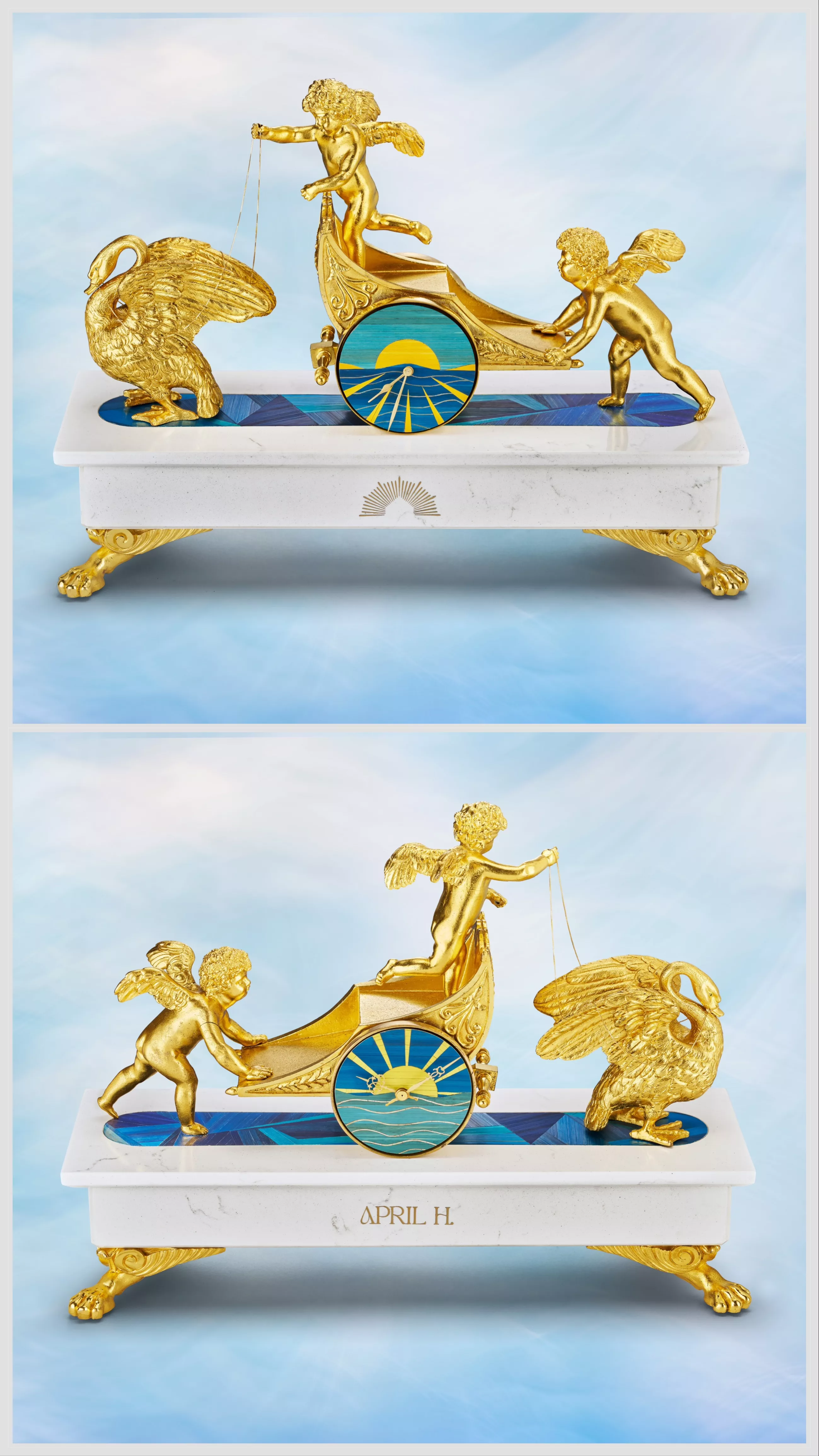 AMOURS est une pièce unique de haute horlogerie, sculpturale et théâtrale, célébrant l’amour et la mythologie à travers un décor en marbre, ornementation en laiton doré et mouvements horlogers enchâssés dans une mise en scène onirique.