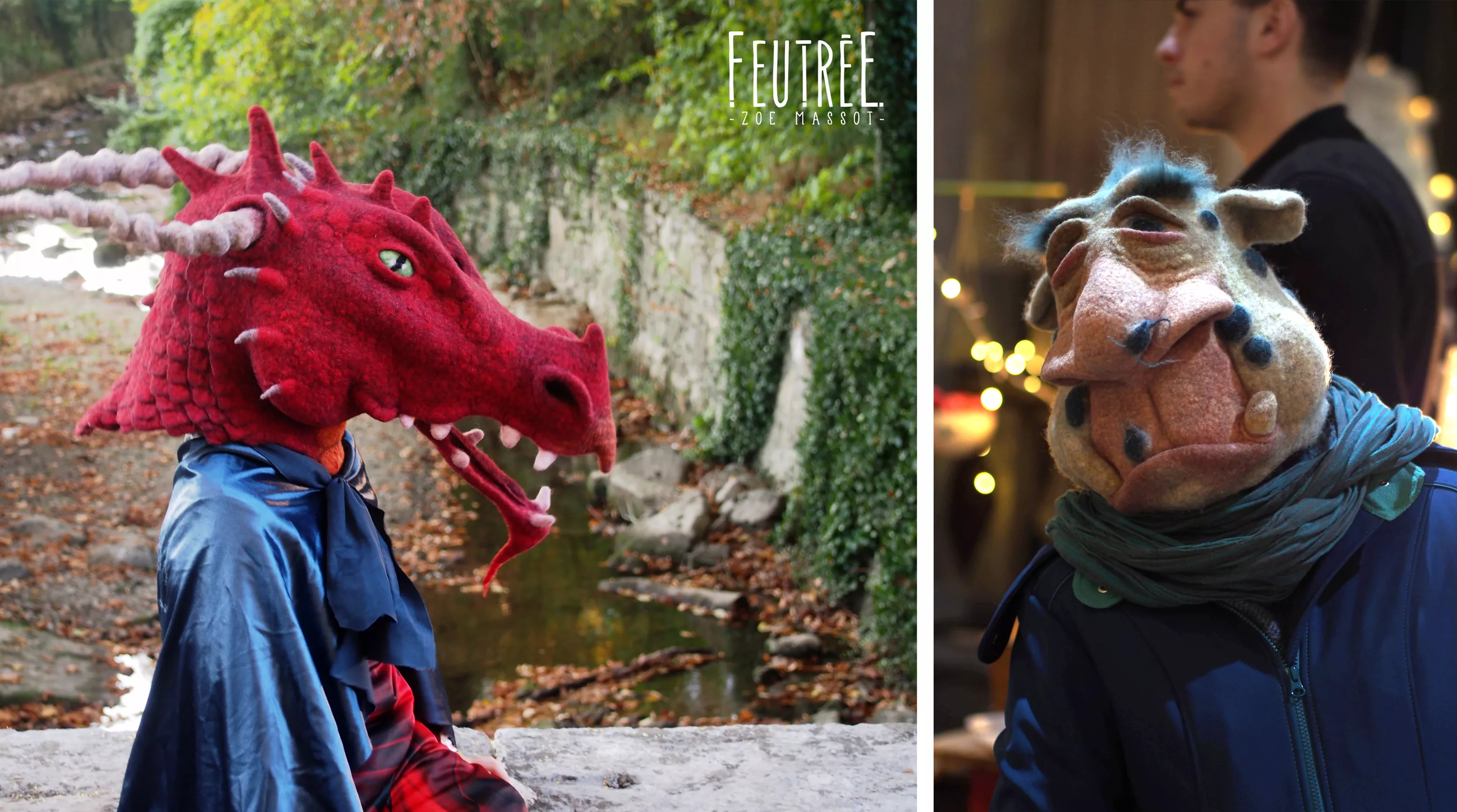 Masque en feutre de laine : un masque de dragon rouge, un masque de troll