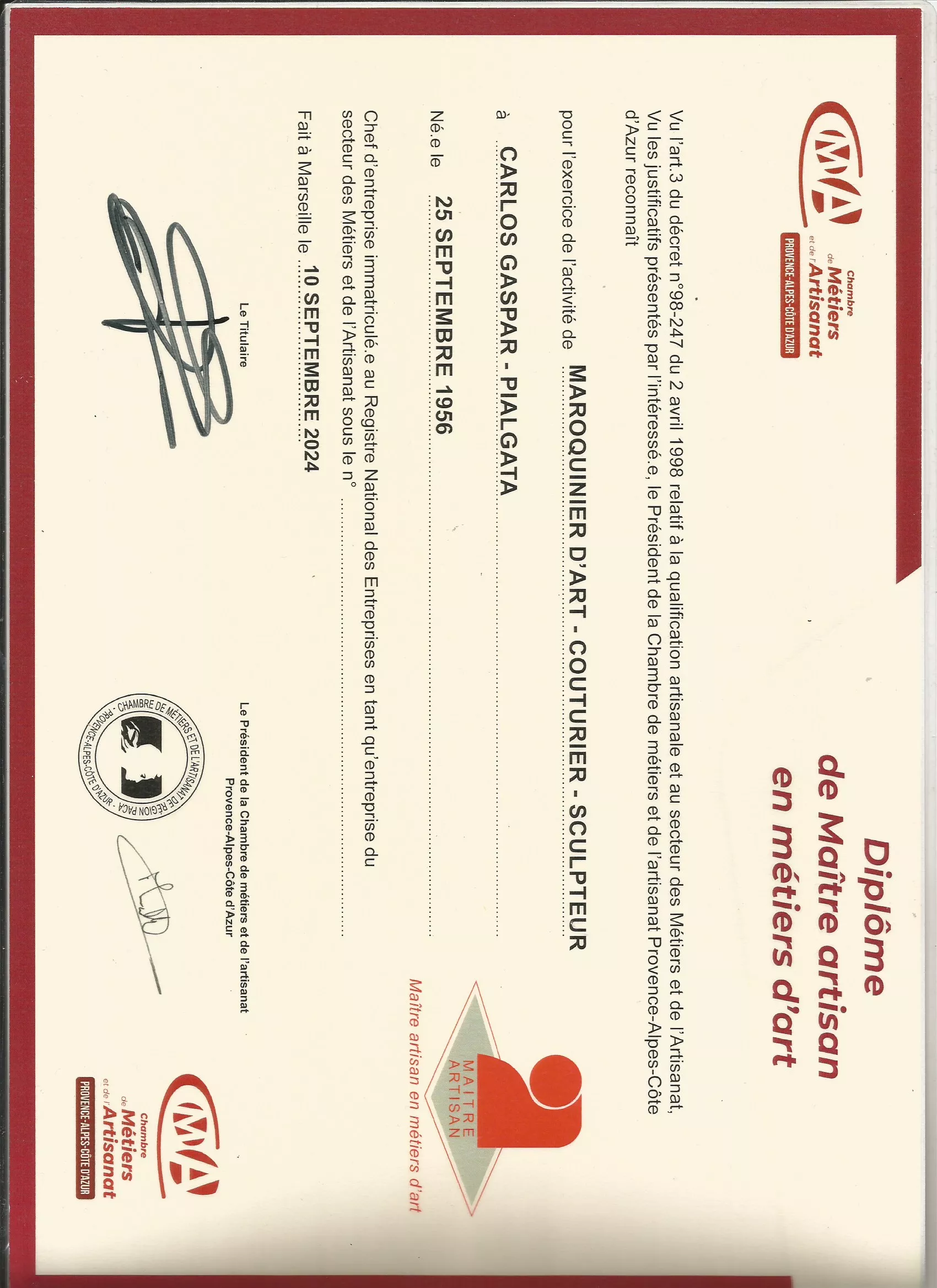 Diplôme Maitre Artisan en Métiers d'Art