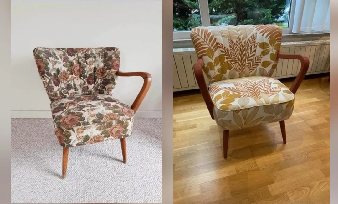 Fauteuil avant et aprés restauration conplète en tapisserie d'ameublement