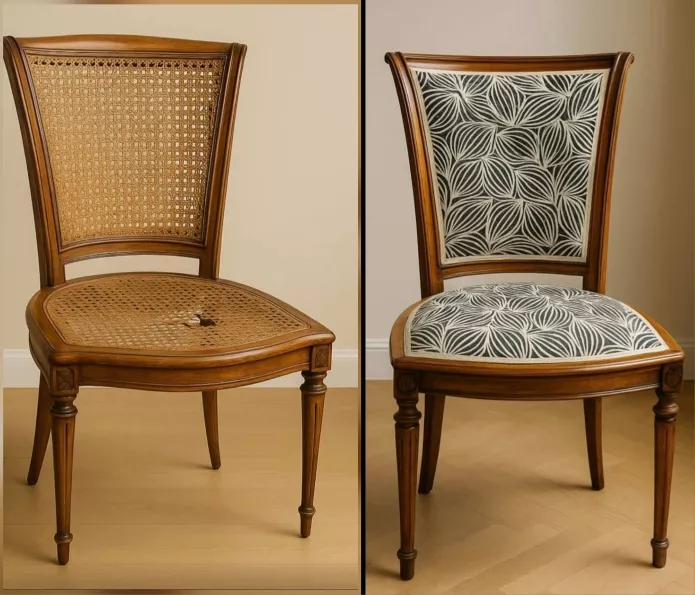 Transformation d'une chaise cannée en siege tapissé moderne