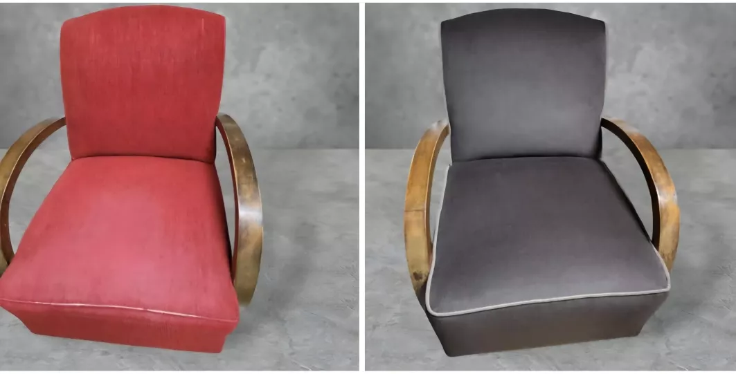 Fauteuil restauré avant en tissu rouge, aprés en tissu marron avec passepoil et accoudoirs bois rénovés.