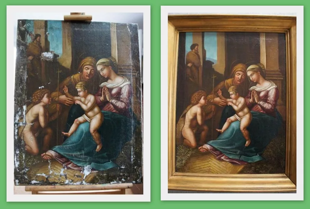 Restauration du tableau "La Visitation" avant-après.