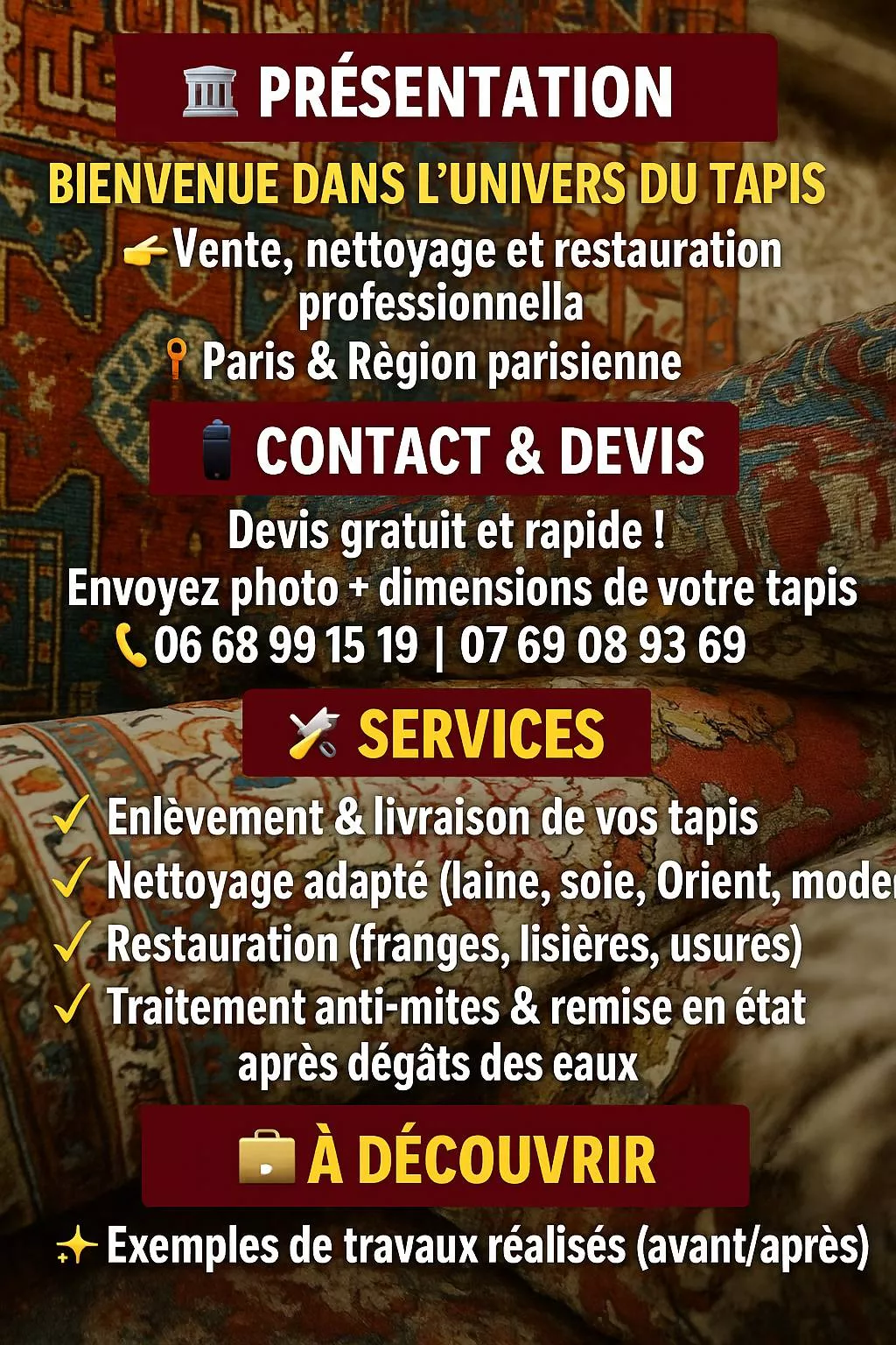 Affiche Jofre Tapis présentant les services de nettoyage, restauration et devis pour tapis orientaux.