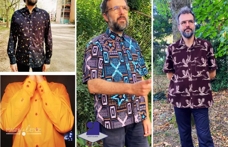 Deux modèles de chemise: la chemise à manche longue et plus décontractée, la chemise à manche courte. Des patrons Magnifilience.