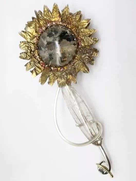 Broche Tournesol argent patiné or jaune quartz à inclusions oeuvre unique