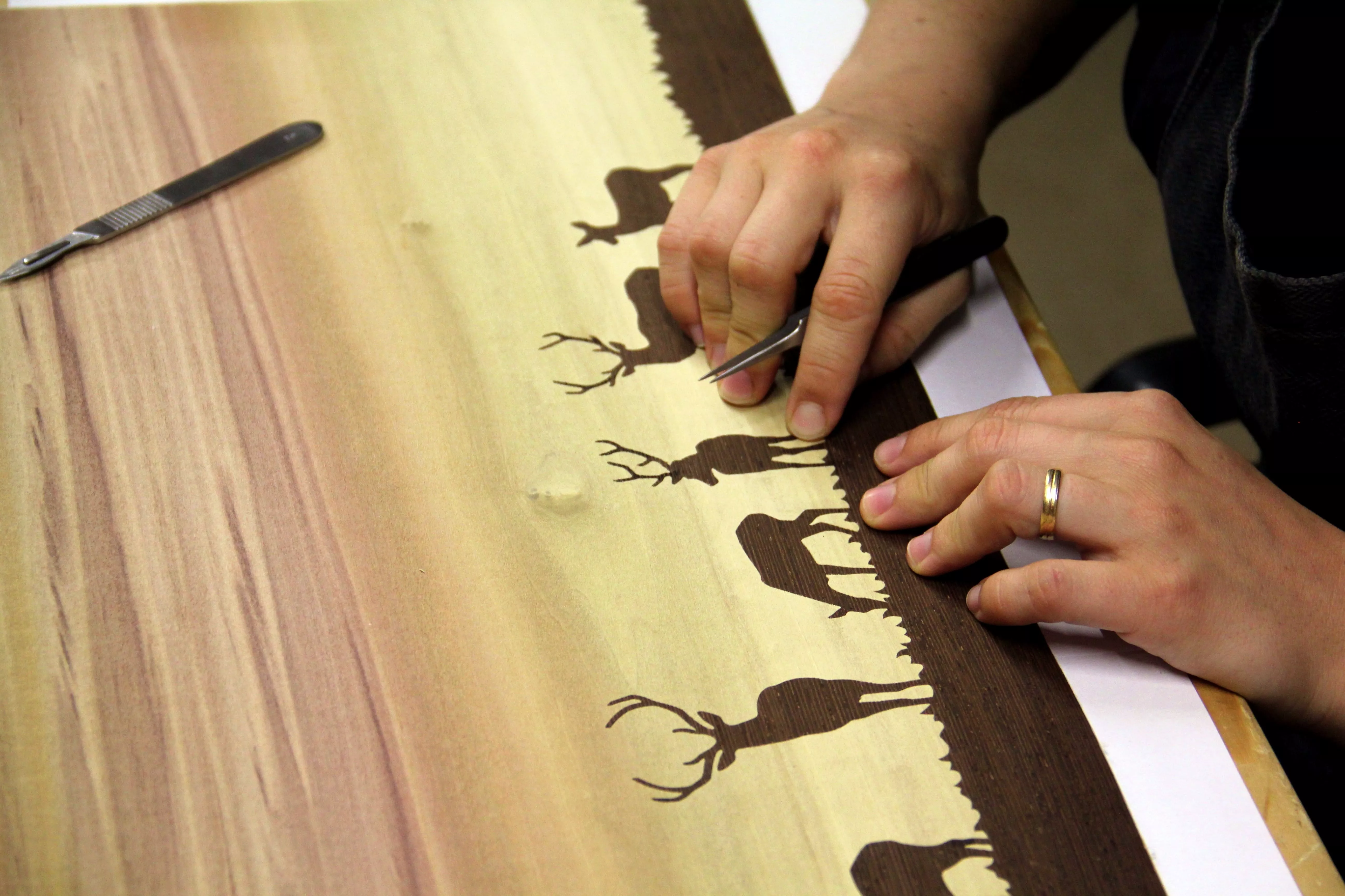 Marqueterie bois, couché de soleil