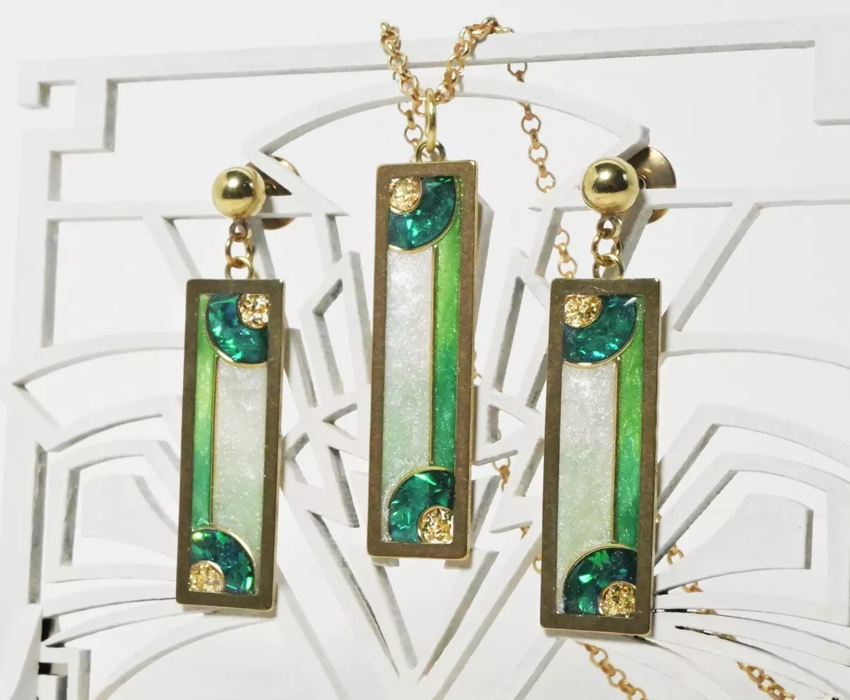 Parure de Rectangles façon "Mosaïque", inspiration Art Déco, composée d'un pendentif et de boucles d'oreilles