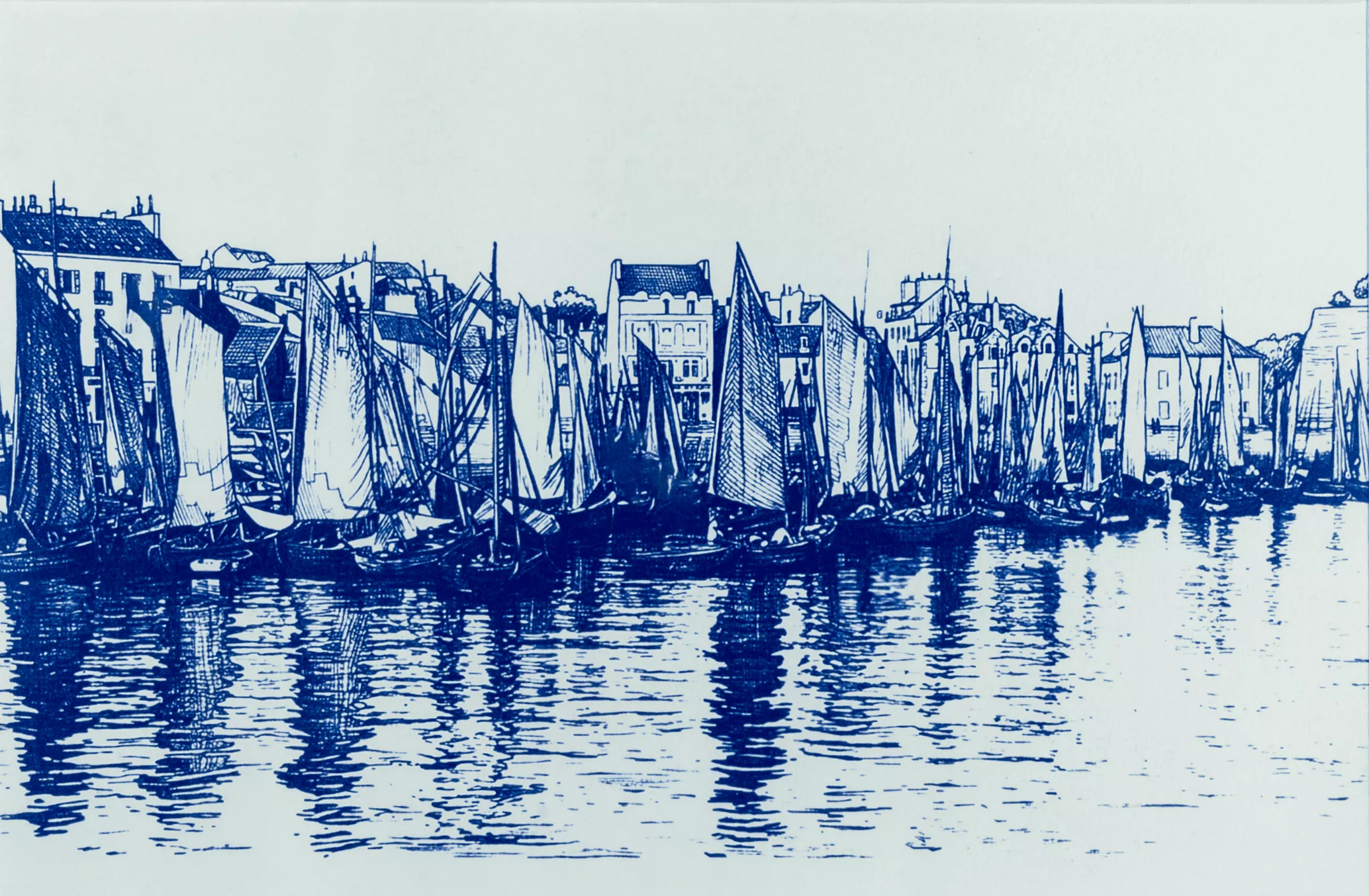 Flottille de sardiniers au port du Palais, Belle-Ile. Tirage cyanotype de carte postale ancienne