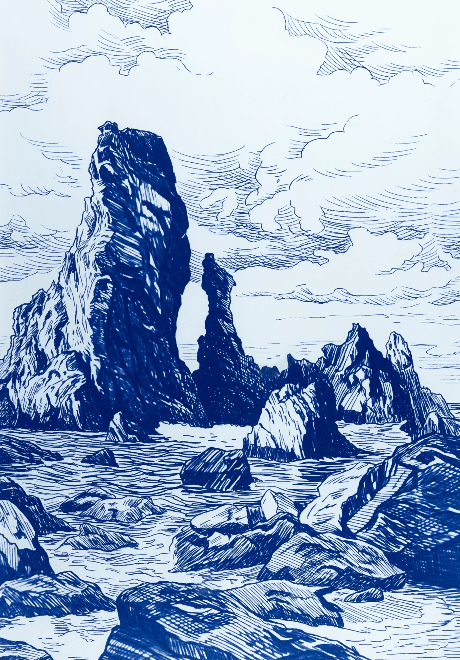 Les Aiguilles de Port-Coton, Belle-Ile-en-Mer. Cyanotype d'après photo.