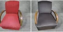 Fauteuil restauré avant en tissu rouge, aprés en tissu marron avec passepoil et accoudoirs bois rénovés.