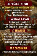 Affiche Jofre Tapis présentant les services de nettoyage, restauration et devis pour tapis orientaux.