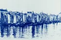Flottille de sardiniers au port du Palais, Belle-Ile. Tirage cyanotype de carte postale ancienne