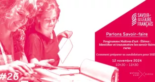 Carton du webinaire n°26 montrant Fanny Boucher, Maître d'art en héliogravure et son Élève travaillant ensemble