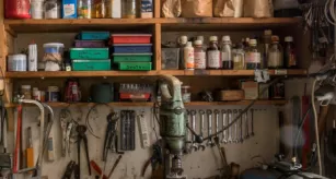 photo d'un atelier avec établi et étagères